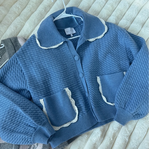 Altar’d State Gray Bow and Blue Knit Cardigans - Picture 2 of 3